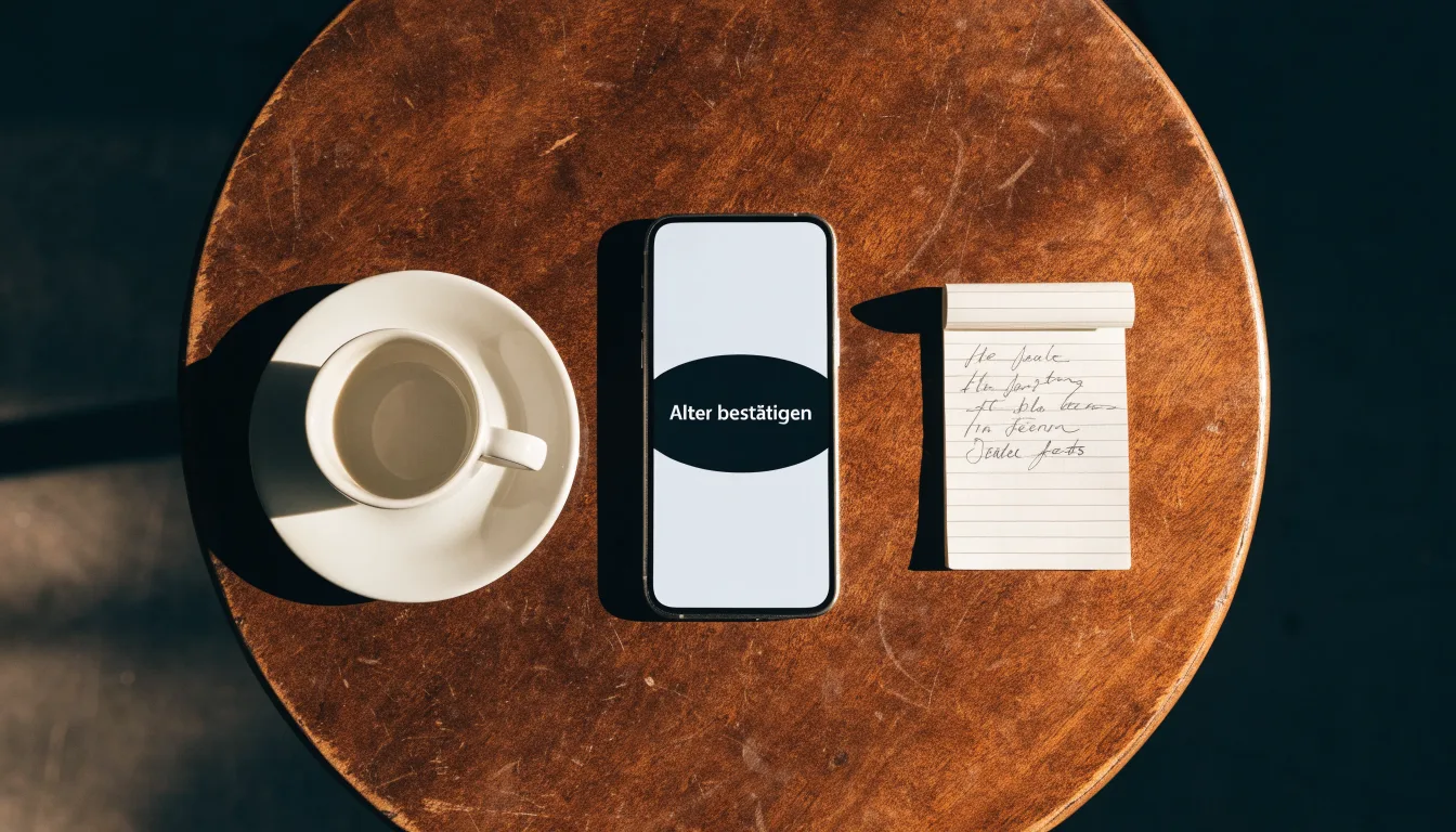 Ein Smartphone liegt mit schwarzem Display neben einer Kaffeetasse und einem Notizblock auf einem Café-Tisch.