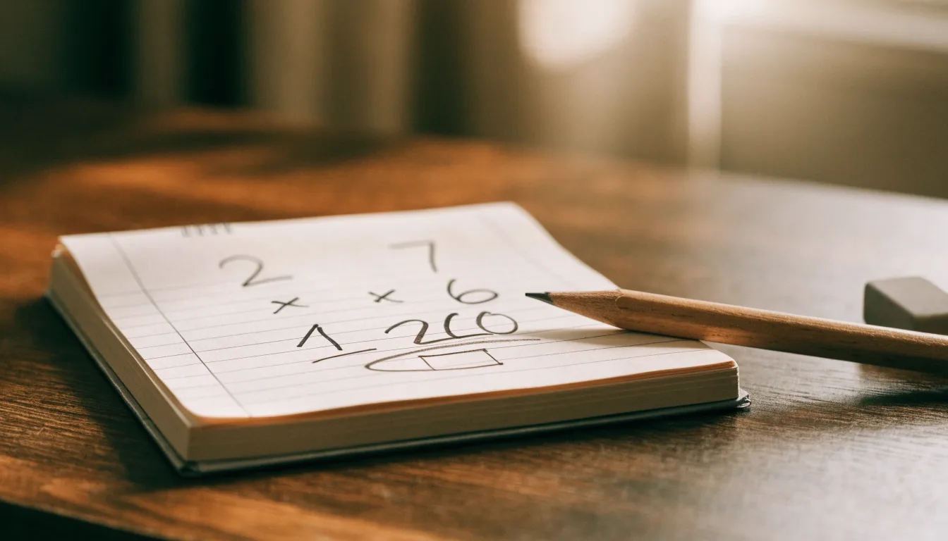 Ein Notizbuch mit handschriftlichen Multiplikationen liegt aufgeschlagen auf einem Holztisch, daneben ein Bleistift und ein Radiergummi.