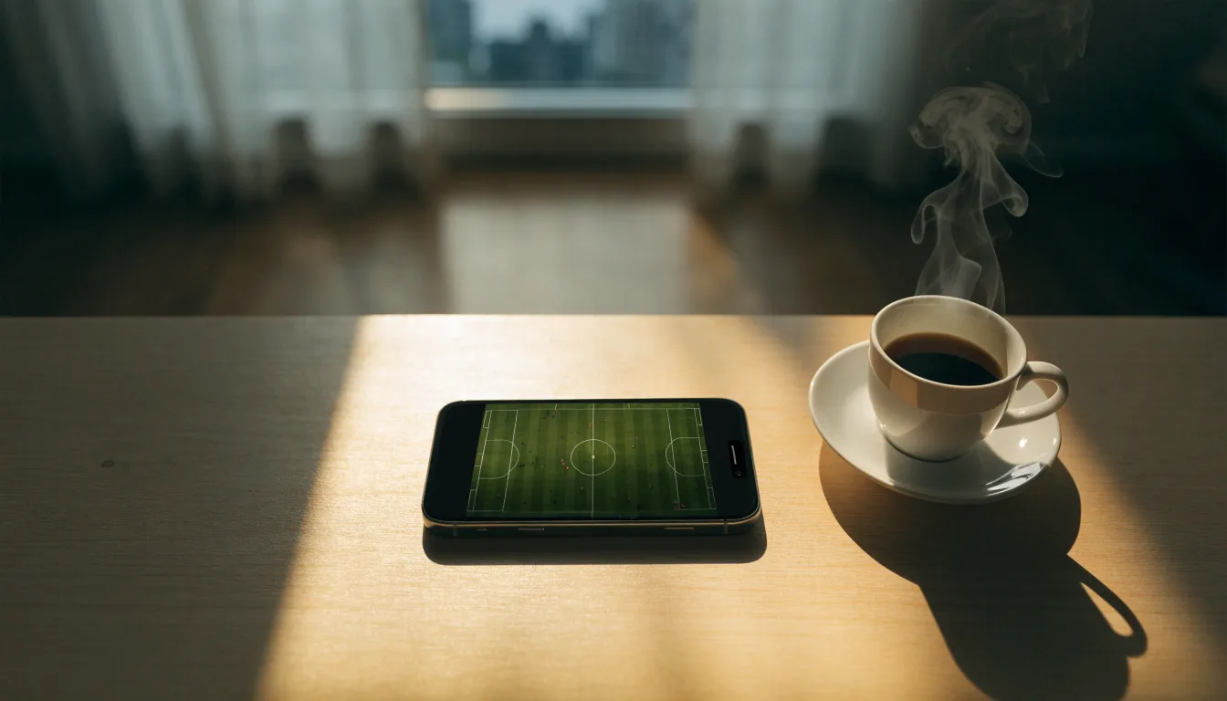 Ein Smartphone mit dunklem Display liegt neben einer Kaffeetasse auf einem Schreibtisch, durch das Fenster fällt Abendlicht.