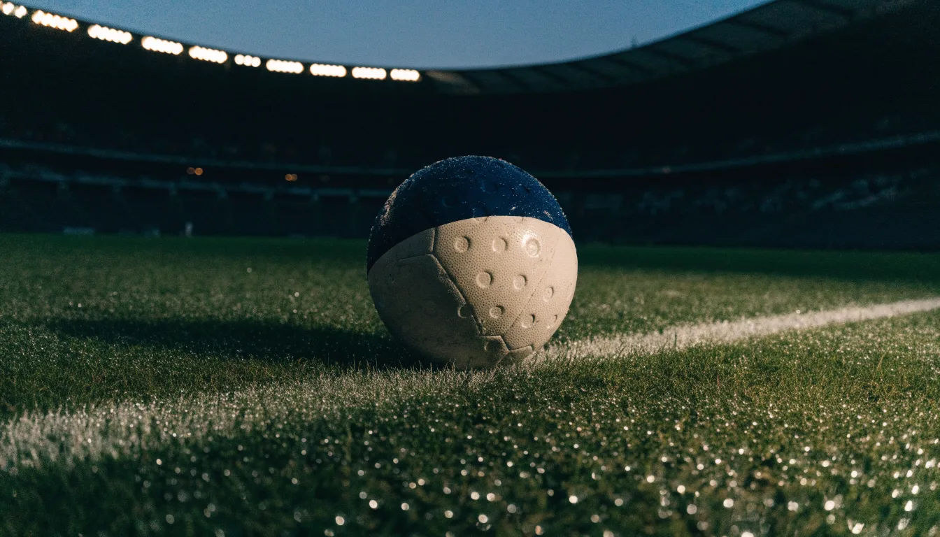 Ein Fußball liegt auf einem Rasenplatz in der Dämmerung, im Hintergrund ein ferner Stadionrand unter Flutlicht.