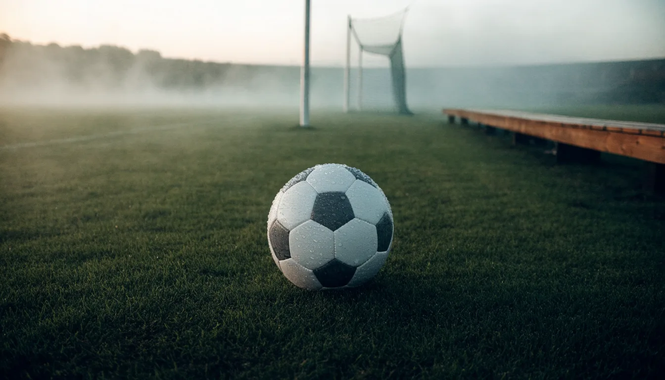 Ein Fußball liegt in der Mitte eines leeren Rasenplatzes im Morgennebel, am Rand steht eine einzelne Auswechselbank.